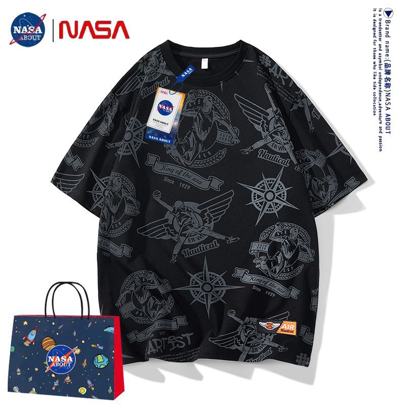 NASA Joint-Name Short-Sleeved T-shirt Men's Elbow-Sleeved Top Summer Loose Men's Clothing T-shirt Cotton Fat plus-Sized plus Size Summer Wear