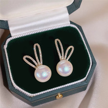 DIY珍珠配件 S925银兔耳朵韩国潮搭轻奢高级感耳钉半成品空托批发