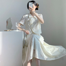 新中式国风斜襟盘扣短袖上衣气质蕾丝钩花半身裙高级感两件套装裙
