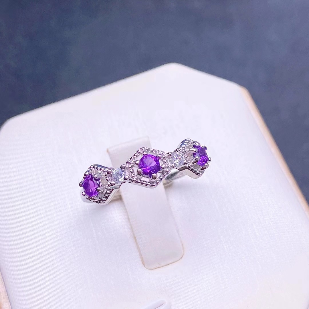 紫水晶戒指s925纯银镶嵌天然紫水晶戒指活口设计女款紫水晶戒指批