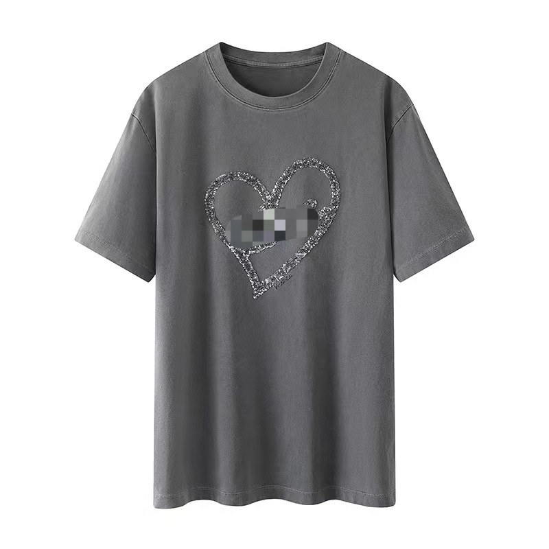 现货2024春季新款复古美式休闲爱心字母珠片秀短袖t恤mbd1tee026