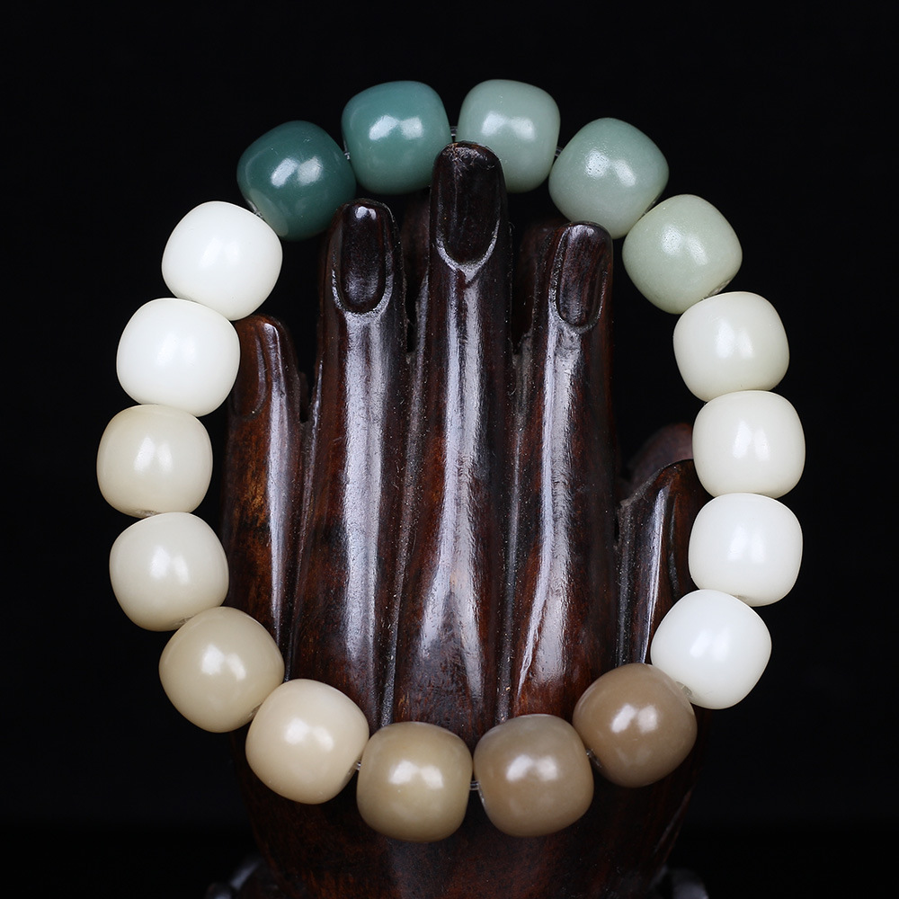 Gradient Greenery Leather White Jade Bodhi Root Bracelet Bodhi Seed Handheld Men and Women Pliable Temperament Hand Toy Buddha Beads Collectables-Autograph Bracelet