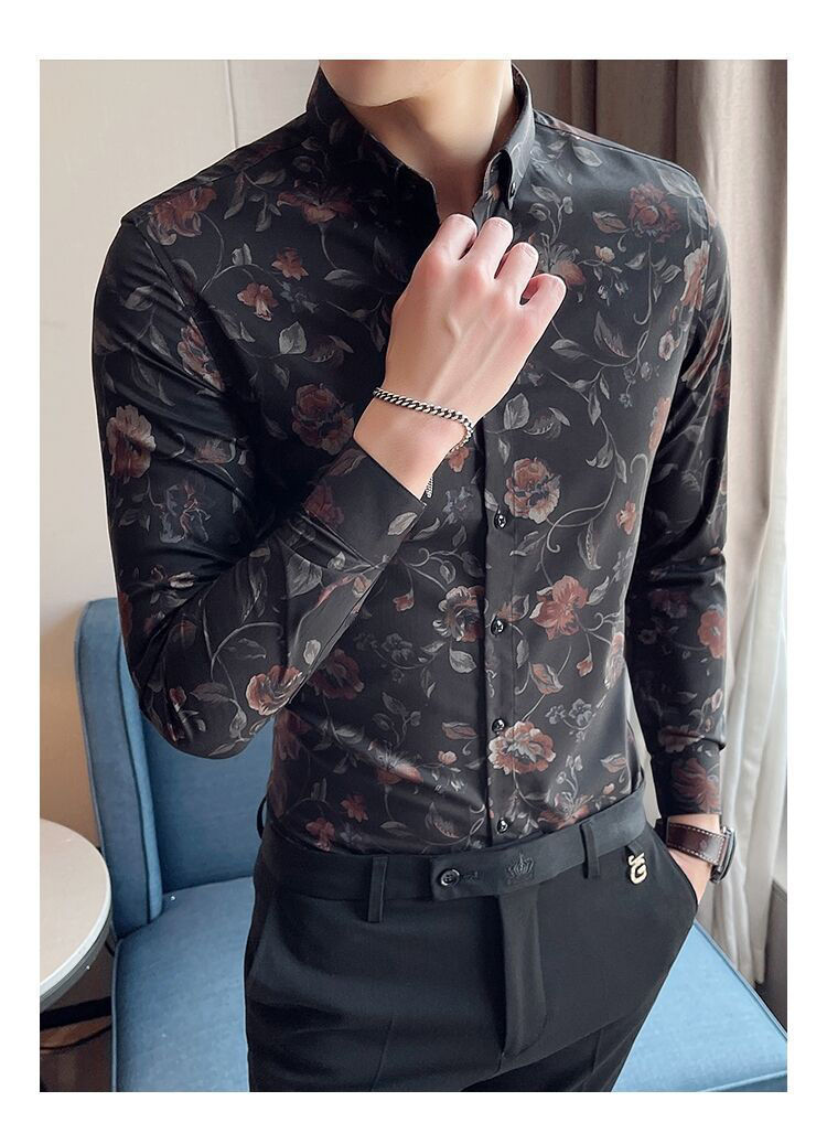 春夏新款花衬衫男士长袖碎花修身韩版潮流设计感免烫休闲帅气印花