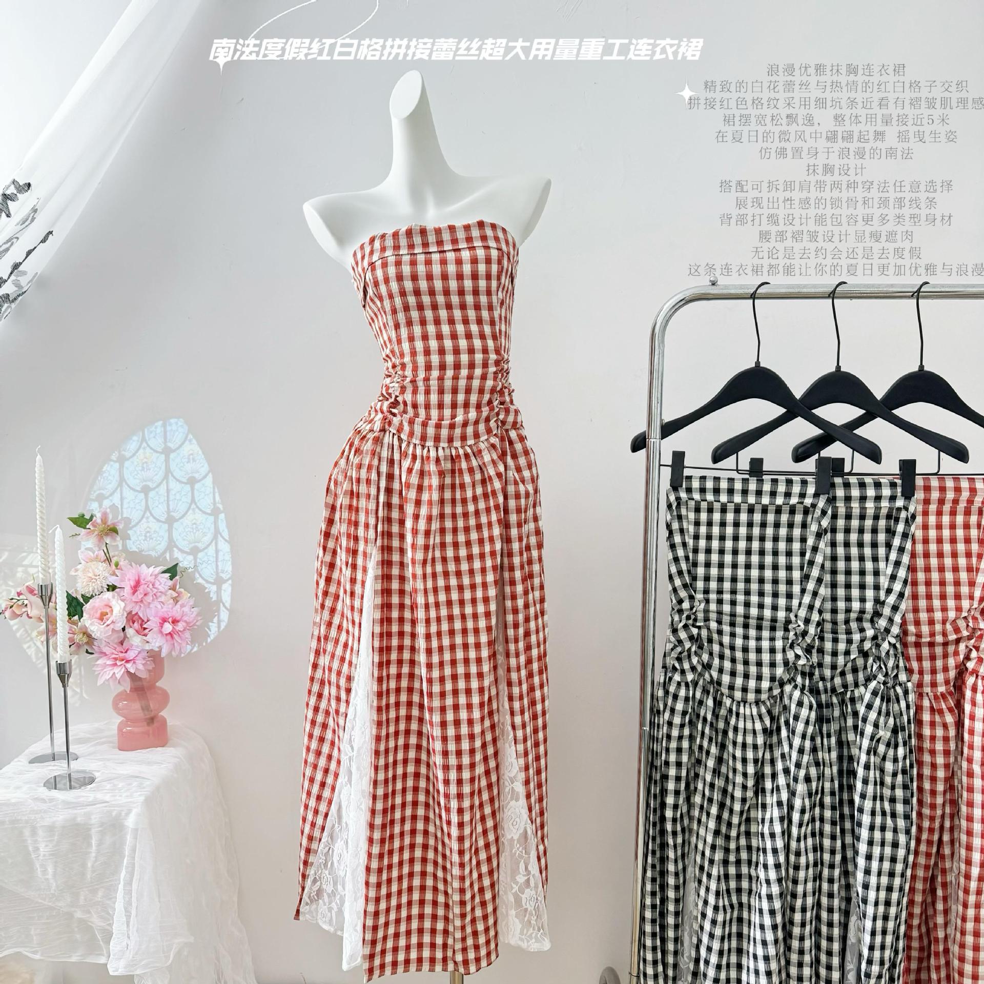原创设计南法度假红白格拼接蕾丝超大用量重工连衣裙-阿里巴巴