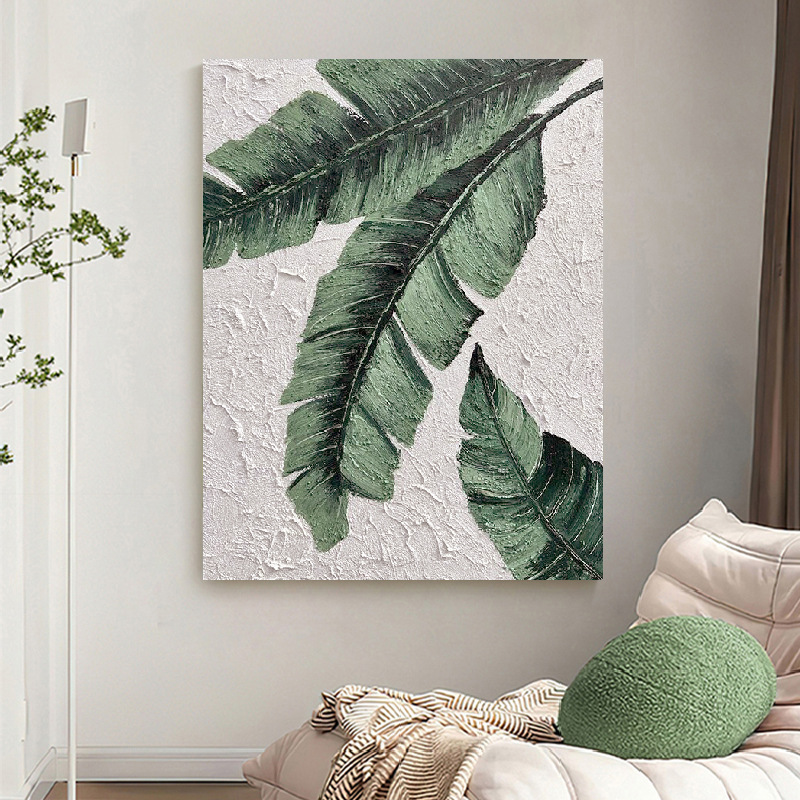 Hand-Painted Texture Painting Modern Minimalist Decorative Painting Living Room Light Luxury Hanging Painting Banana Leaf Green Vertical Leaf Oil Painting