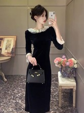 秋季新款气质女装高级感生日小礼裙小众设计黑色丝绒连衣裙3491