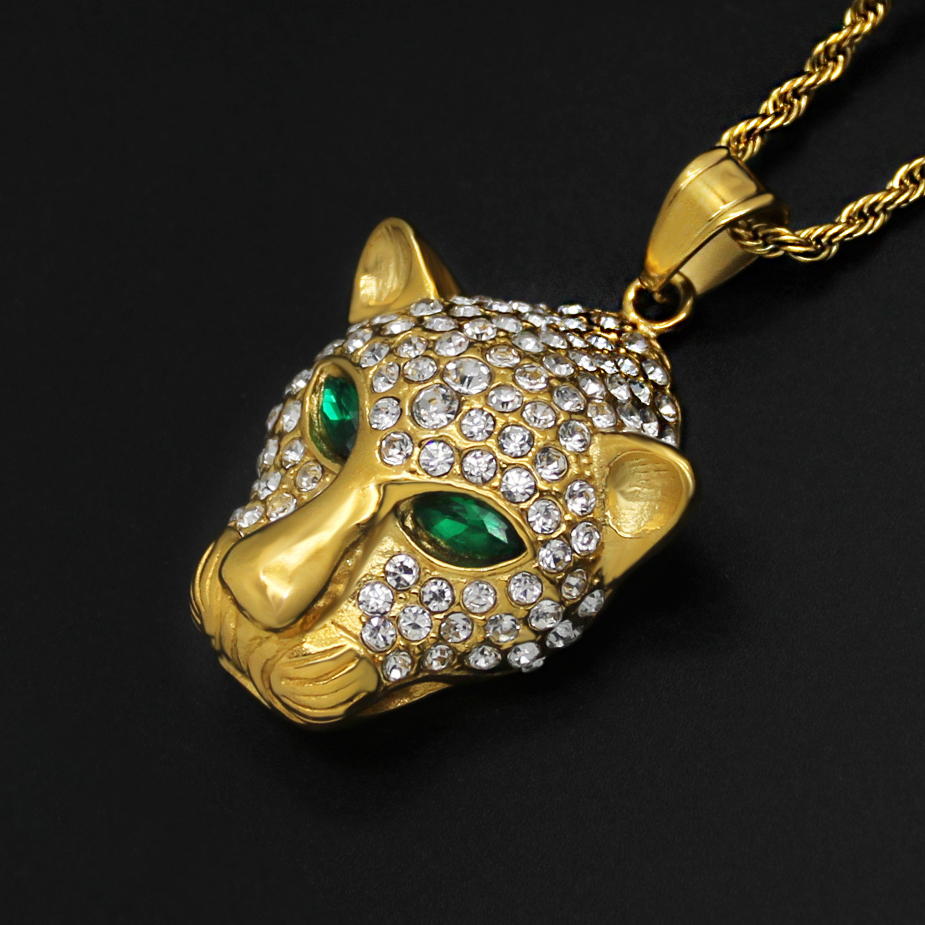 欧美跨境新款嘻哈不锈钢满钻绿眼豹子头吊坠 潮流饰品男女项饰