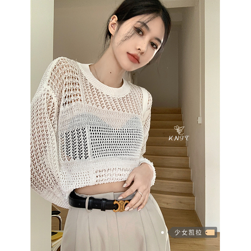 复古短款镂空针织衫女夏季2022年新款白色薄款衫罩衫长袖上衣