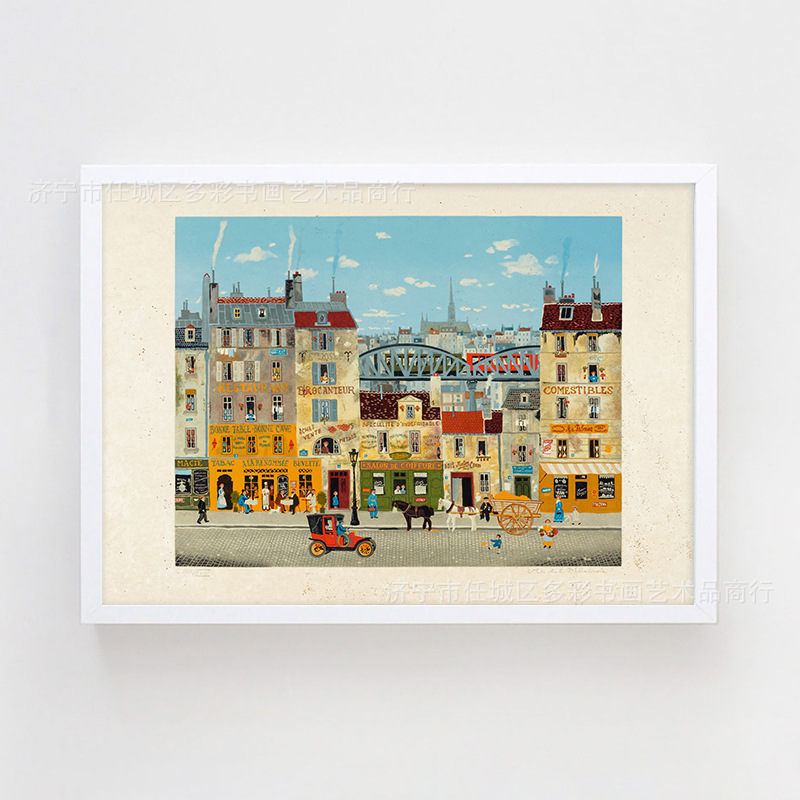 法国城市景观街景 横幅客厅背景墙装饰画水彩插画油画布墙贴挂画