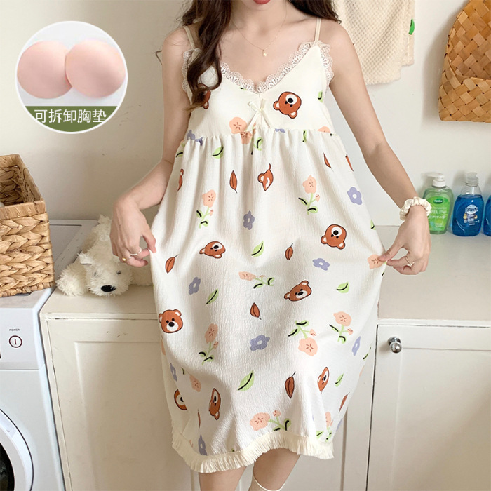 Online Live Summer Bubble Cotton Slip Nightdress Women's Sweet Outer Wear with Chest Pad Home Wear Cross-Border Wholesale