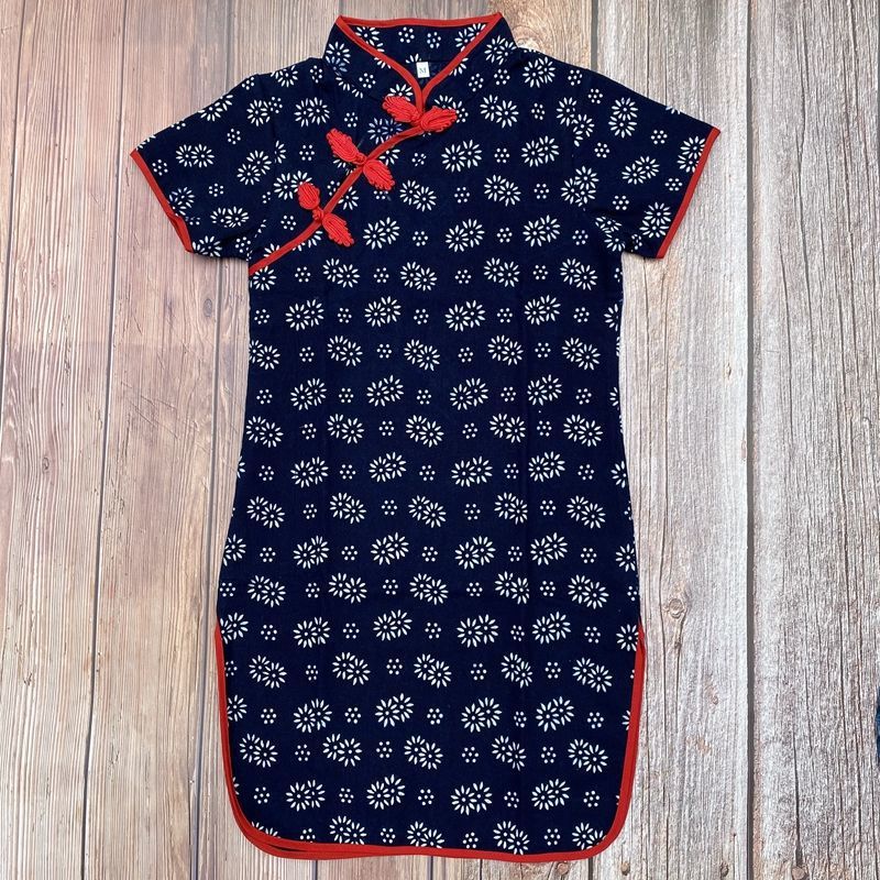 乌镇中国风蓝印花布儿童旗袍短袖连衣裙中式盘扣民族风六一表演服