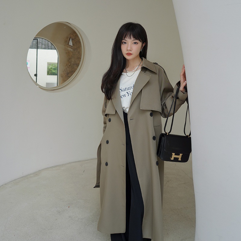 卡其绿长款风衣外套2022春秋新款韩版双排扣显瘦修身女生风衣外套