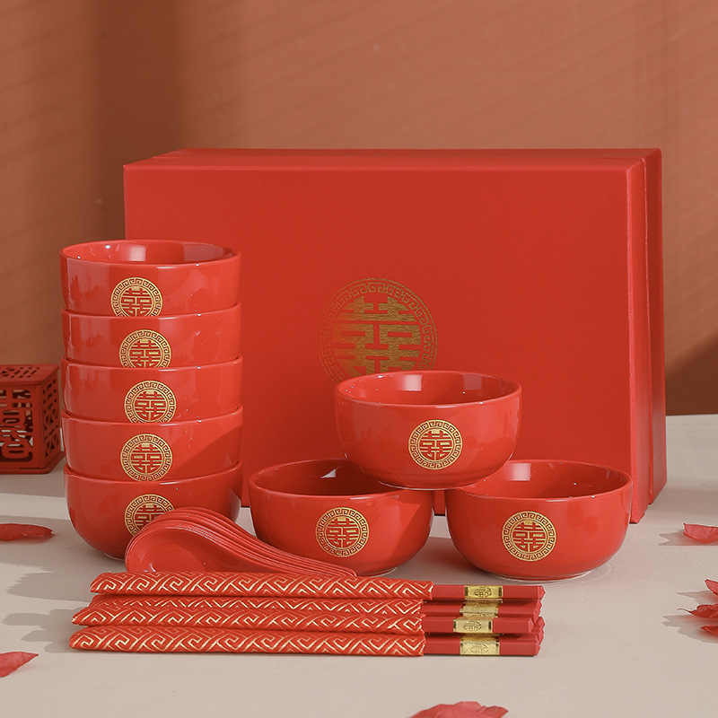 Bowl Wedding Couple Bowls and Chopsticks Set Women's Wedding Red Ceramic Bowl Pairs of Tableware High-End Gift Box Wedding Gift