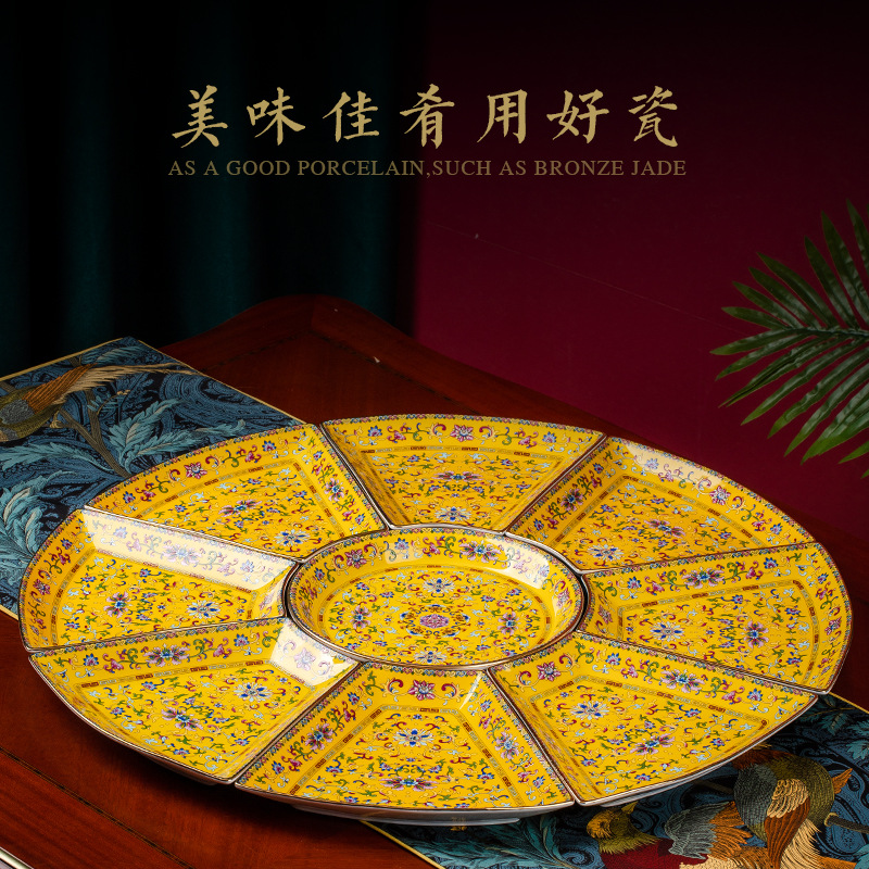 palace style enamel tableware jingdezhen ceramic creative platter household bone china swing plate enamel high-end gift