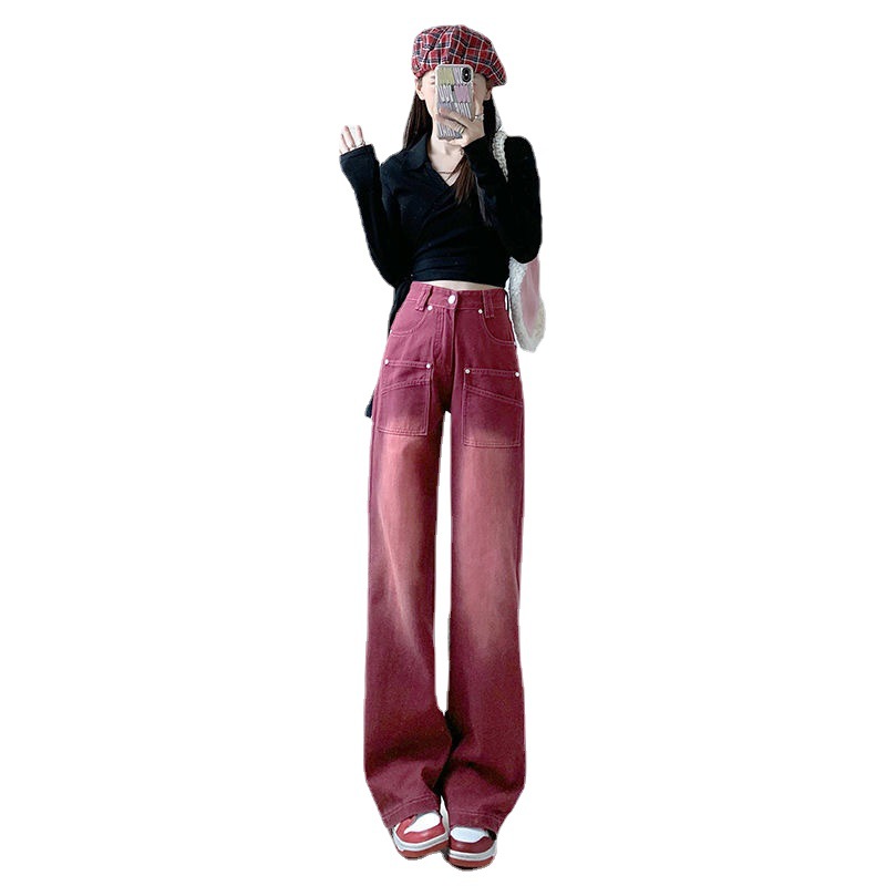 American Retro Red Jeans Women's Straight Loose Ins Fashion Design Hot Girl High Waist Slim-Fit Wide-Leg Pants