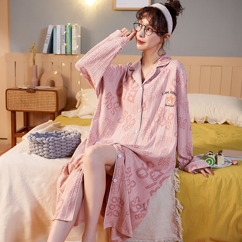睡衣女双面提花针织棉春秋冬季长袖睡裙韩版学生可爱可外穿家居服