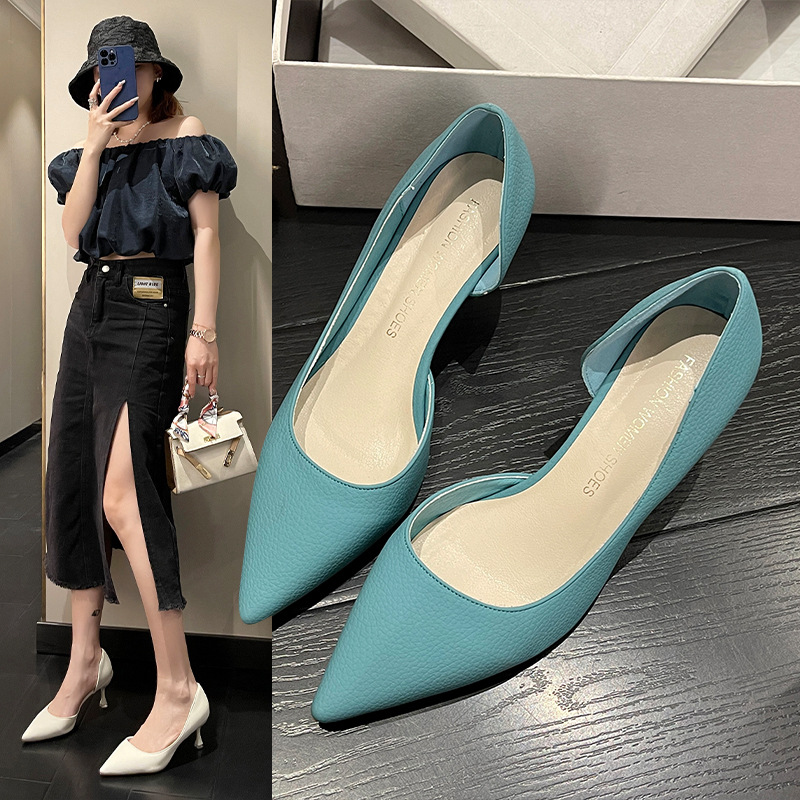 韩版气质侧空女单鞋2024春夏季新款高跟鞋女细跟尖头浅口女凉鞋