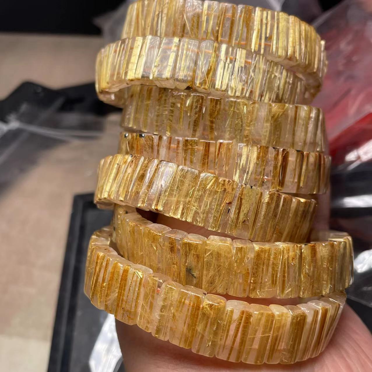 天然巴西钛晶金发晶手排手牌手链发丝直板粗顺满钛晶体通透男女款