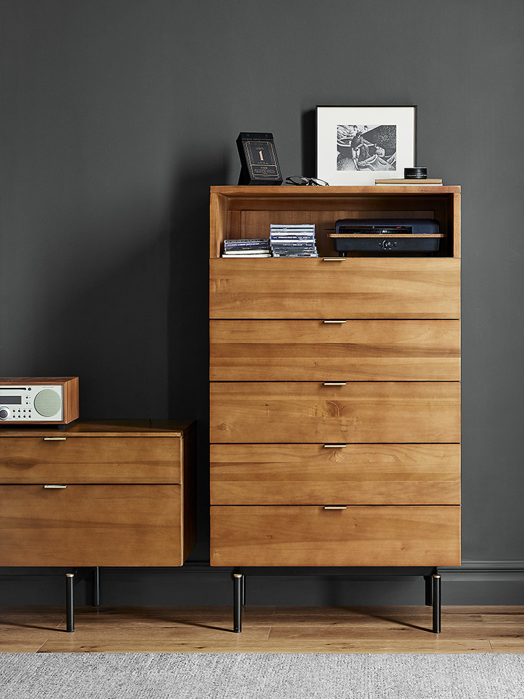 北欧中古实木五斗柜客厅收纳柜复古卧室设计师抽屉柜z黄杨木