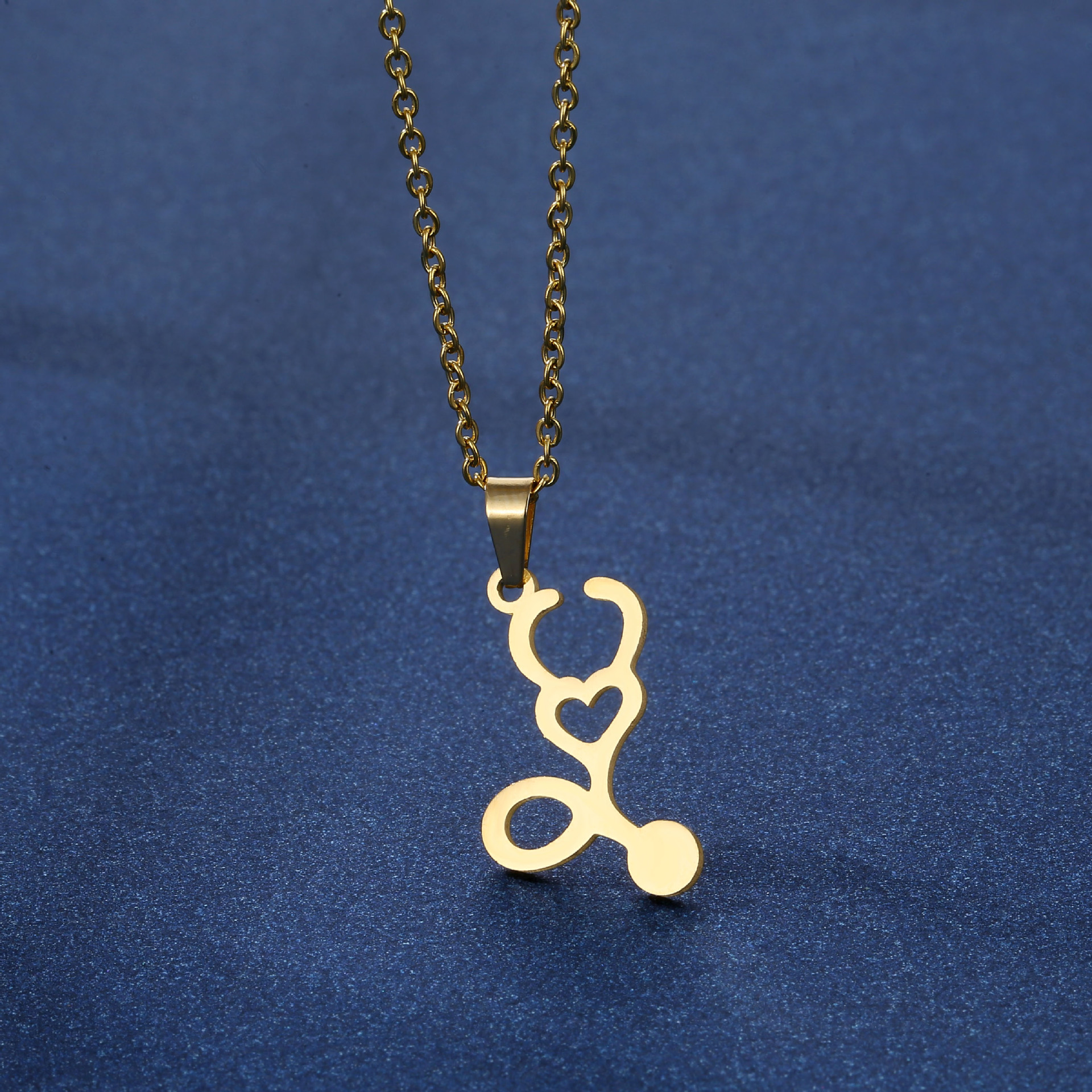 Factory Direct Sales Gold Stethoscope Stainless Steel Necklace and Earring Suit Pendant Ornaments Female Accessories Wholesale