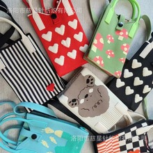韩版小众设计可爱甜美爱心迷你手机包针织单肩斜挎包便携手拎包女