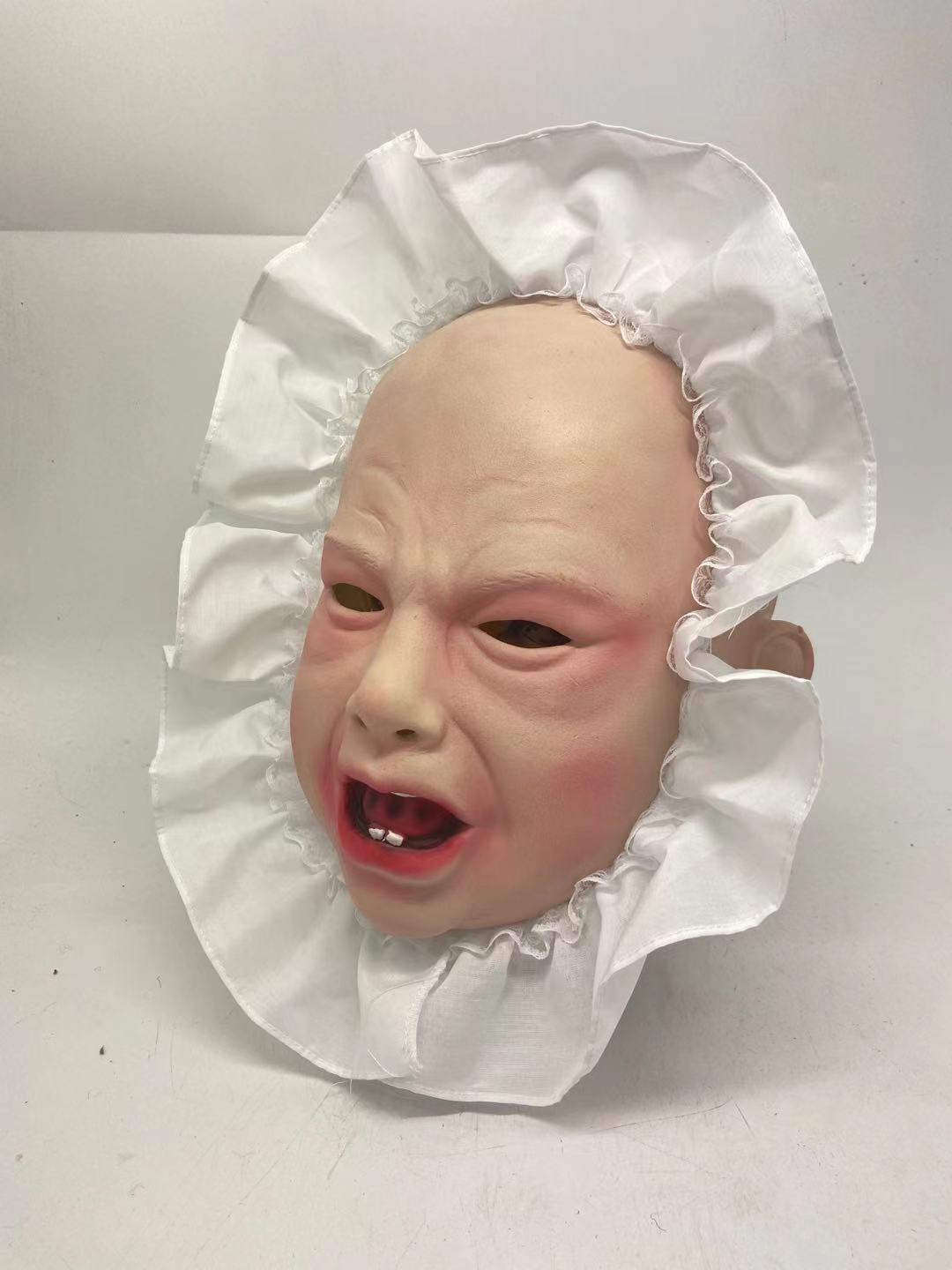 跨境新款万圣节狂欢节派对微笑哭泣婴儿面具全头哭脸娃头套道具