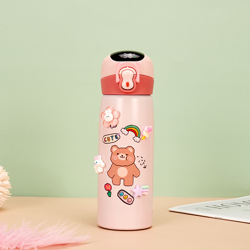 Cartoon Three-Dimensional Stickers Smart Temperature 316 Stainless Steel Children's Thermos Mug Bounce Straw Cup Rope Holding Portable
