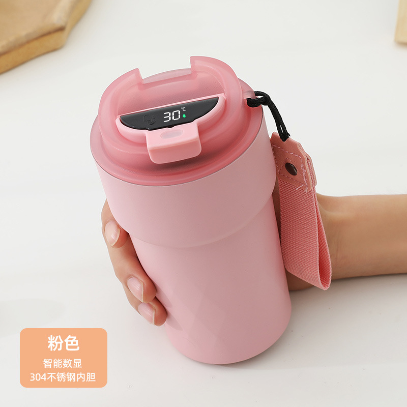 New Smart Temperature-Showing Rhombus Coffee Cup Girl Good-looking Thermos Cup with Rope Handle Portable Vehicle-Mounted Cup with Straw