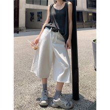 白色直筒七分牛仔短裤女2025新款韩版高腰宽松休闲垂感阔腿七分裤