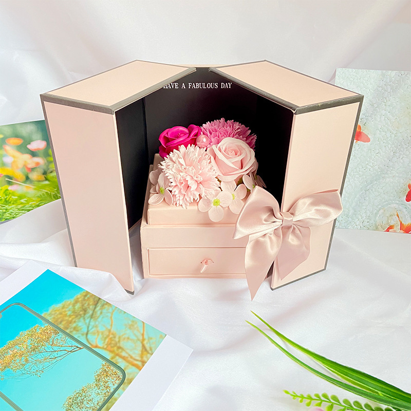 Pink Double Door Soap Flower Drawer Gift Box Women's Day Teacher's Day 520 Qixi Valentine's Day Gift Preserved Fresh Flower