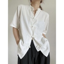 新中式女夏装复古盘扣短袖棉麻上衣中国风衬衫女式外套白色禅修服