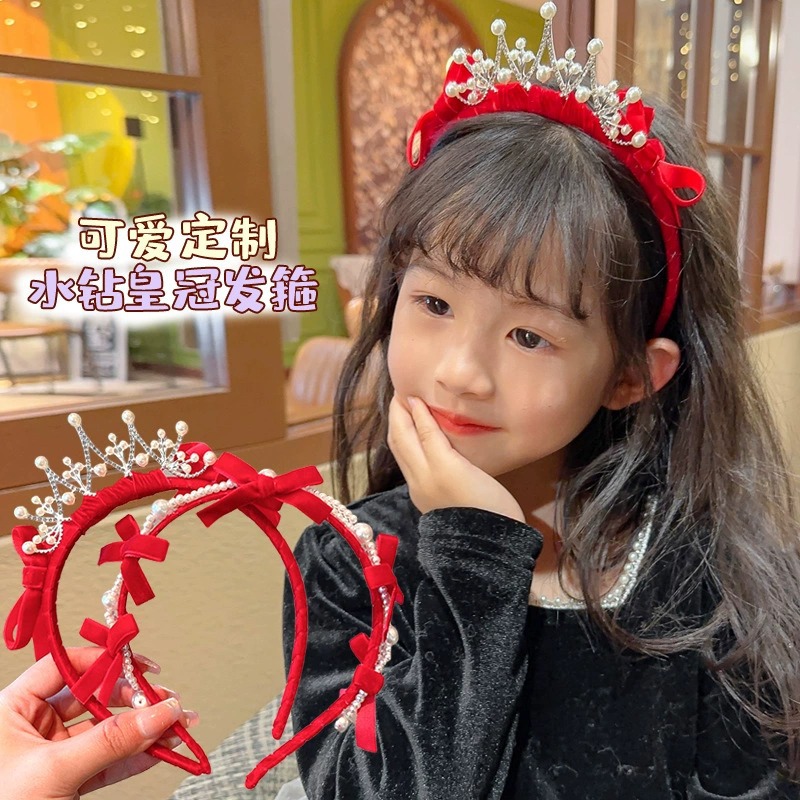 Internet Celebrity Children's New Year New Velvet Red Crown Hair Clasp Does Not Hurt Hairpin Headdress Little Princess New Year Headband