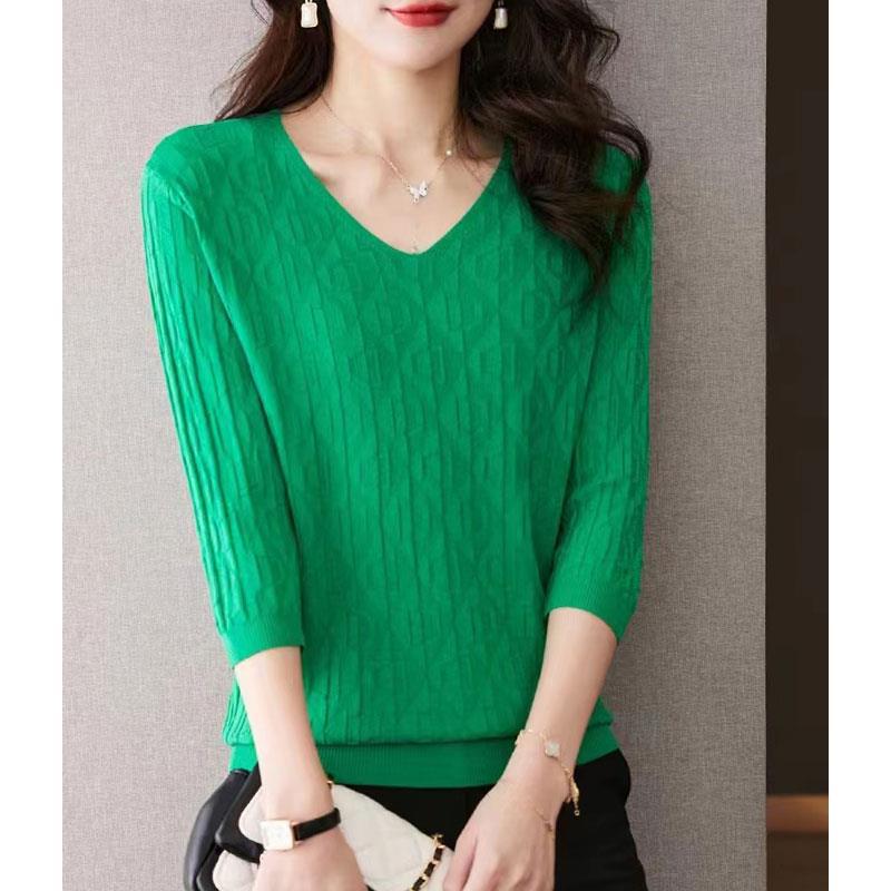 2003春季新款韩版时尚百搭七分袖薄款空调衫气质宽松曲珠针织衫女