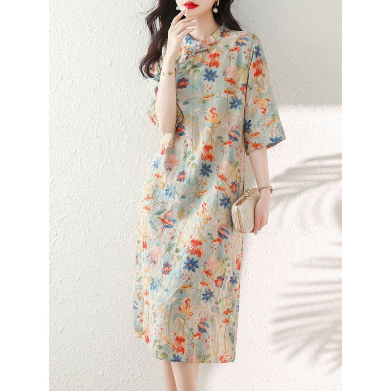 民族风碎花改良旗袍连衣裙大码胖中式纯棉裙子夏季新款-阿里巴巴