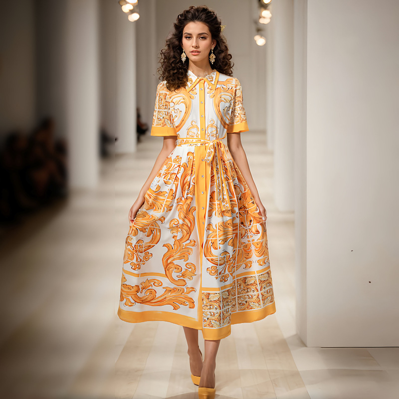 欧美时尚走秀款收腰短袖裙子24新款衬衫式定位印花大摆腰带连衣裙