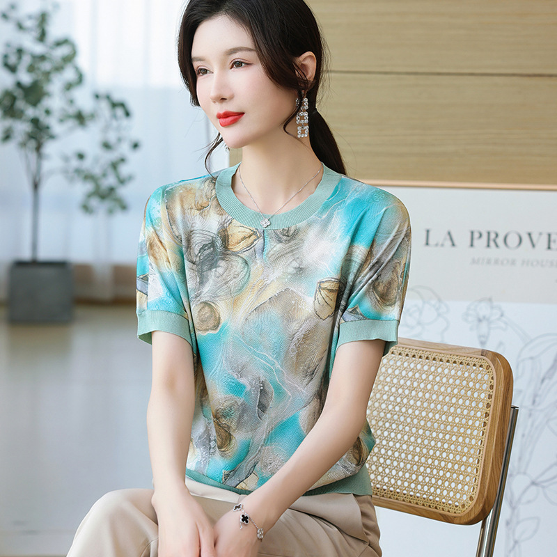 妈妈夏装短袖洋气大码冰丝上衣40岁50中老年女装圆领恤两件套装