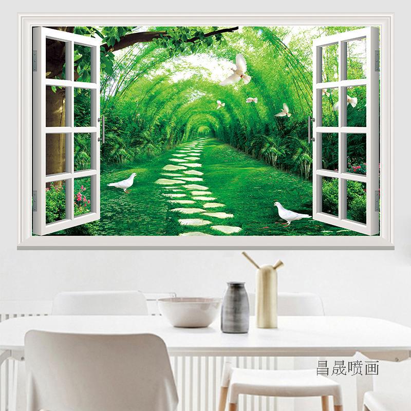 3d仿真假窗户装饰画墙贴树林田园风景贴画客厅卧室自粘整张墙贴纸