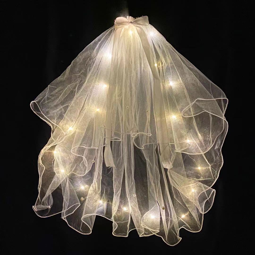 led灯发光头纱超丝带蝴蝶结闪光头纱 双层超仙新款 夜市网红头纱