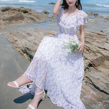 夏季新款雪纺碎花连衣裙一字肩甜美仙女超仙初恋沙滩裙海边度假甜