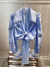 欧美新款女 时髦小众设计 立体花朵 交叉绑带设计 蓝白条纹衬衫