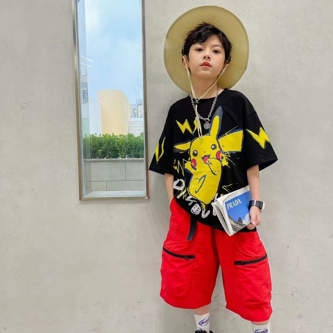 夏季一线潮牌 鲨鲨舫个性涂鸦t恤套装 品牌童装折扣走份批发