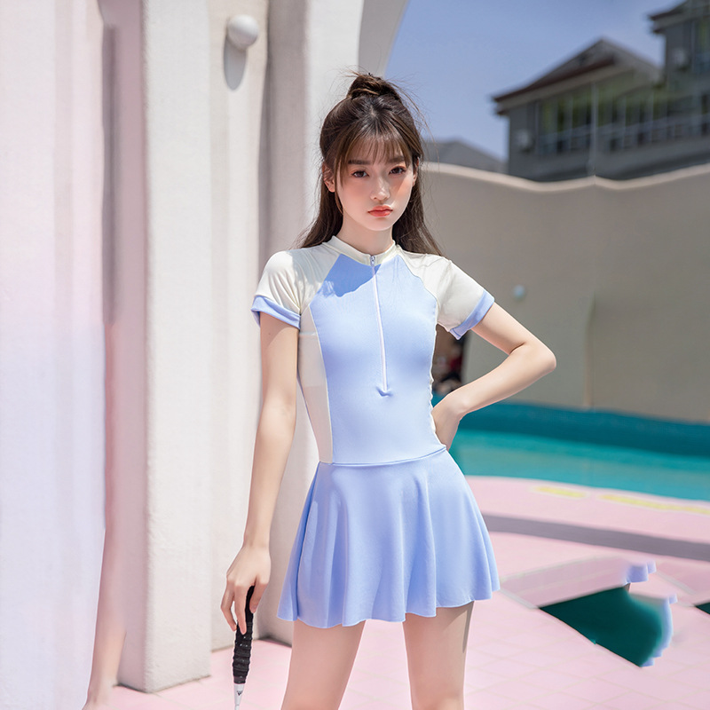 Girl's One-Piece Swimming Suit Quick-Drying Sports Belt Chest Pad Girl's Special Swimsuit Girl's Korean-Style Fashion Short-Sleeved Swimsuit