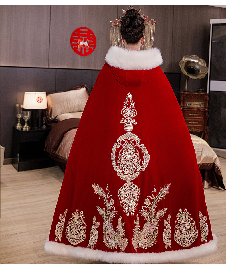 红色秀禾服披风中式新娘婚礼毛披肩斗篷保暖加厚毛领汉服女披风冬