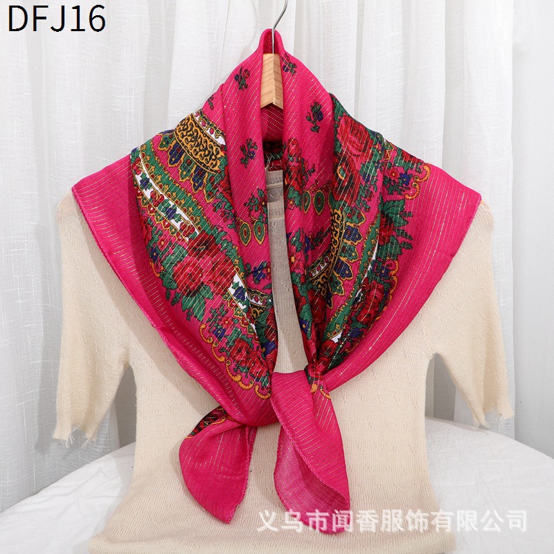 New Gold Thread Ethnic Style 85cm Square Scarf Closed Toe Sun Protection Scarf for Middle-Aged and Elderly Women Working Scarf Scarf