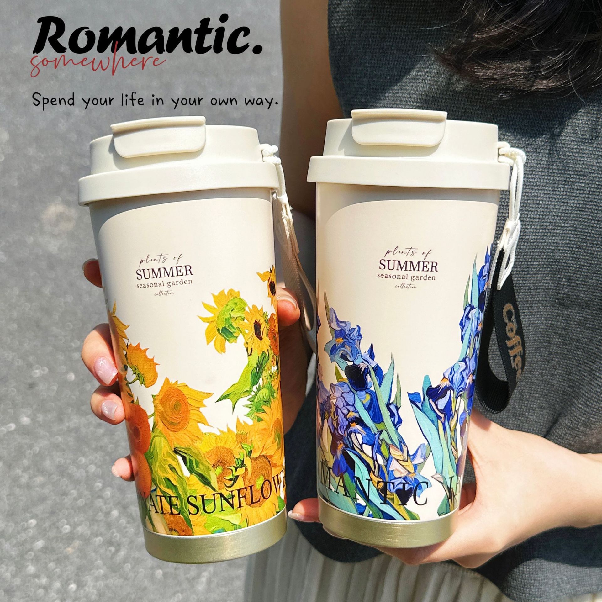 轻奢感樱花2024新款保温杯咖啡杯女高颜值大容量吸管水杯子生日礼