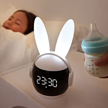 厂家批发智能充电起夜灯硅胶护眼迷你彩虹多色小兔耳伴睡儿童时钟