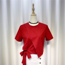 红色不规则绑带短袖T恤女韩版蝴蝶结上衣潮系带体恤2022春夏新款
