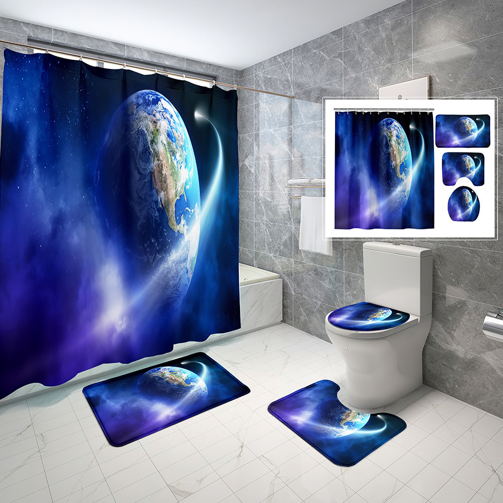 Natural Landscape Bathroom Set HD Digital Printing Waterproof Shower Curtain Four-Piece Set Absorbent Non-Slip Sponge Toilet Mat