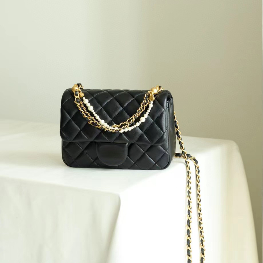 原厂高品质小香风24p珍珠链条方胖子菱格包手提单肩斜挎女包羊皮