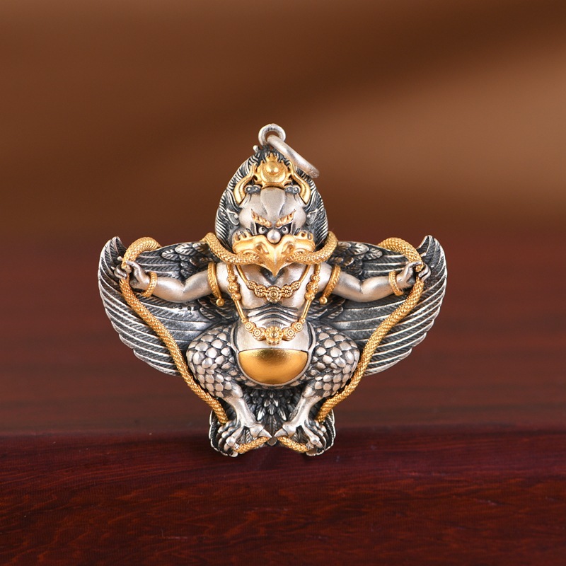 巧匠灵工s925银鎏金吊坠复古做旧中古风瑞兽金色银蛇金翅大鹏鸟坠